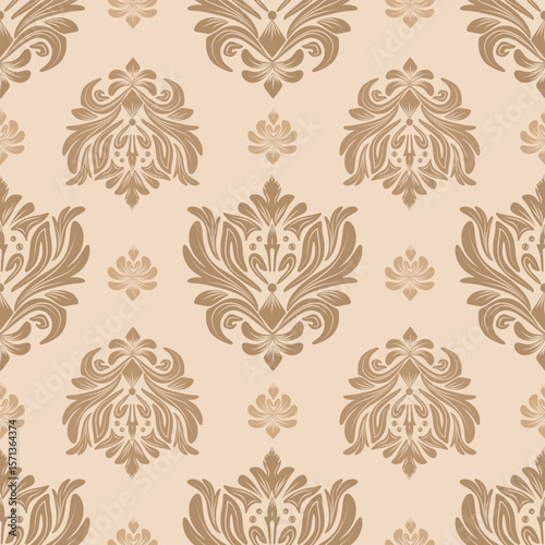 Damask seamless pattern with light brown floral elements, vintage design, vector illustration elegant for textile, wall paper, bedding, cushion cover, curtains, rug, scarf, upholstery fabric, wrapping