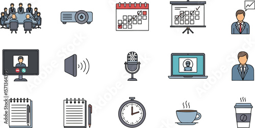 Illustration of business meeting conference and presentation icons set