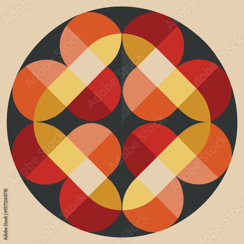 Abstract geometric composition featuring overlapping semicircles and quadrilaterals in earthy tones on a neutral background