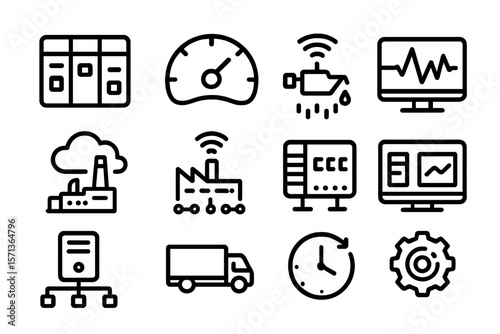 Industrial technology vector illustration: line icons for automation and monitoring systems