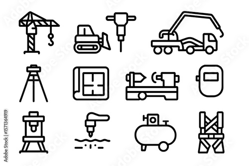 Construction equipment and tools vector illustration set for industrial design in flat style