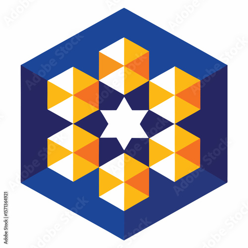 Abstract geometric star design within a blue hexagon with yellow and orange triangular elements