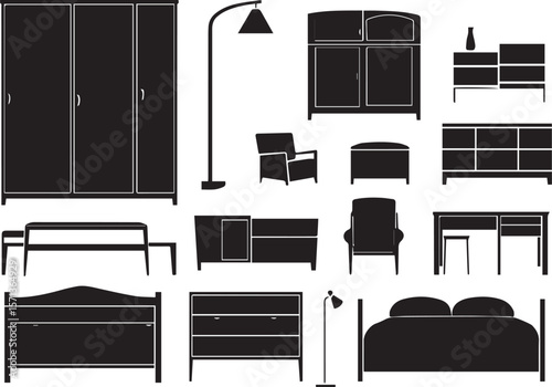Vector set of black silhouette furniture icons for home interior design.