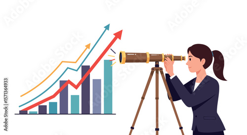 Business growth strategy concept with woman using telescope and increasing graph vector illustration