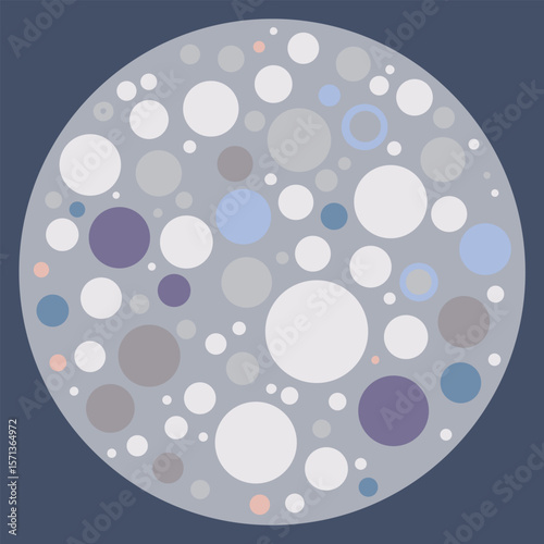 Abstract illustration of various sized and colored circles arranged inside a larger circle on a dark blue background.