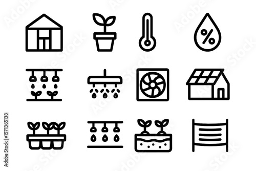 Greenhouse and gardening icons vector illustration: plant cultivation elements in minimalist line style