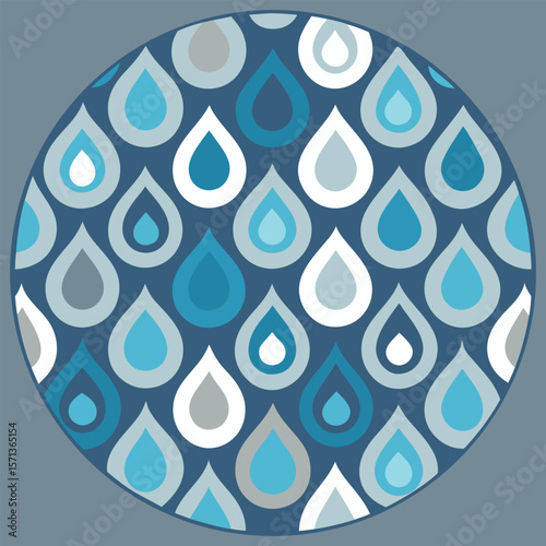 Artistic composition of overlapping stylized water drop shapes arranged in a circular pattern with a cohesive color palette.