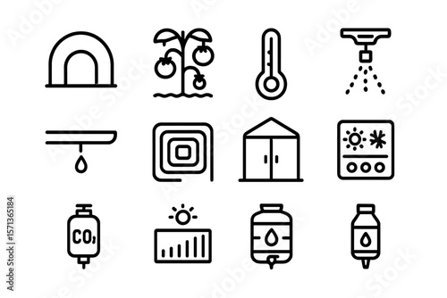 Agricultural technology icons vector illustration: greenhouse, irrigation, climate control