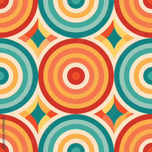 Colorful circular geometric pattern with retro inspired design showcasing abstract shapes and symmetrical arrangements