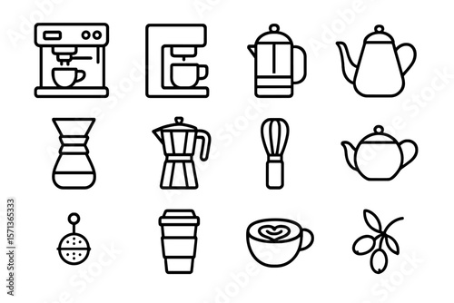 Coffee equipment icons vector illustration for culinary design projects in line style
