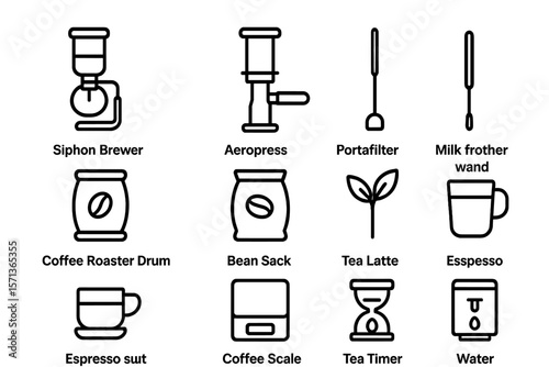 Coffee and tea equipment vector illustration in modern line style for cafe menu design