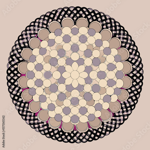 Circular abstract floral mandala featuring layered geometric shapes in neutral tones for decorative design elements