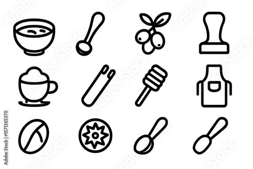 Kitchen essentials vector illustration: icon set featuring cookware, utensils, and ingredients for culinary design