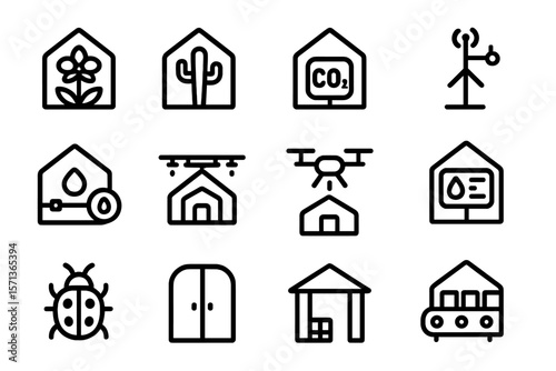 Smart farming technology vector illustration: greenhouse, drone, climate monitoring icons for eco-friendly agriculture design