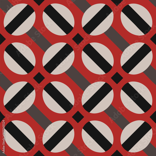 Geometric abstract design illustrating seamless pattern with retro colors and symmetrical shapes suitable for various creative projects