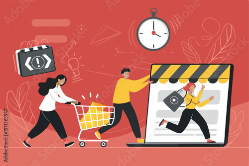 Vector e-commerce promo countdown timer on website, showcasing sale, discount, shop, online store, purchase.