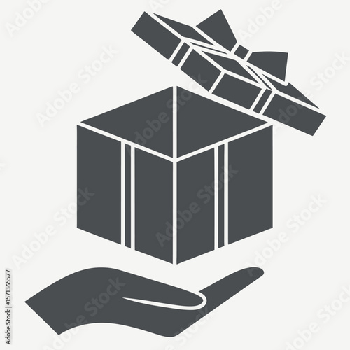 Gift box opening with hand icon isolated on white background