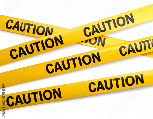 Yellow caution tape on white background warning and indicating danger restricted area for safety awareness.