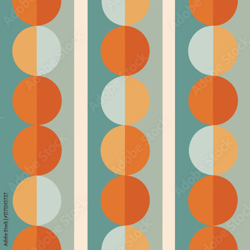 Seamless geometric pattern of orange, yellow and green circles in vertical rows creating an abstract background.