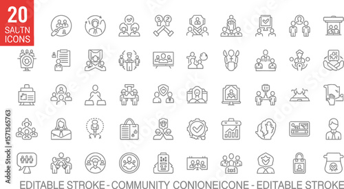 Collection of business and community icons in outline style on white background