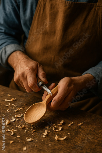 Craftsperson carving a wooden spoon by hand.