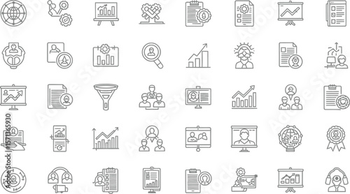 Collection of outline icons representing business management and hr concepts