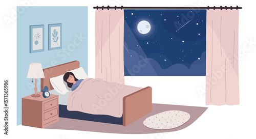 Tranquil night scene in bedroom with sleeping woman vector illustration for home decor design