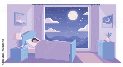 Peaceful nighttime bedroom scene with sleep under the moonlight vector illustration