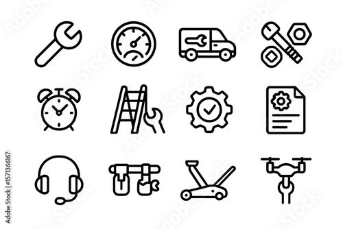 Vector illustration of maintenance and repair tools in line style for design