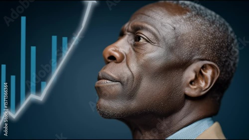 Strategic Vision: A thoughtful man, profile view, contemplates an upward trending graph, symbolizing growth, progress, and strategic planning.
