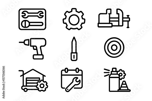 Black and white vector illustration of mechanical tools and settings icons for industrial and repair design