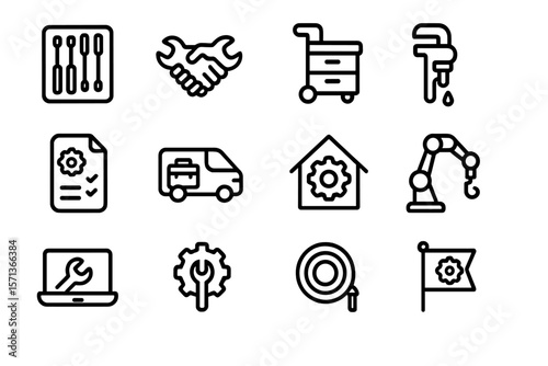 Maintenance and repair tools vector illustration - black linear icons for service design