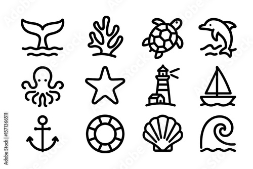Nautical vector illustration with marine life and sea objects for design elements