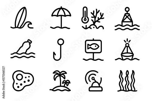 Minimalist beach and ocean icons vector illustration for design projects