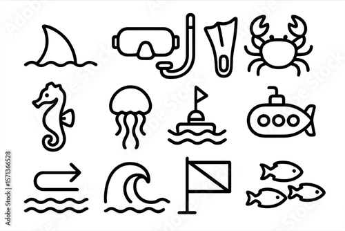Underwater adventure vector illustration with ocean icons and marine life for summer design