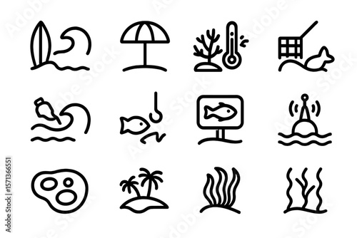 Beach and ocean icons vector illustration for summer design in minimalistic style