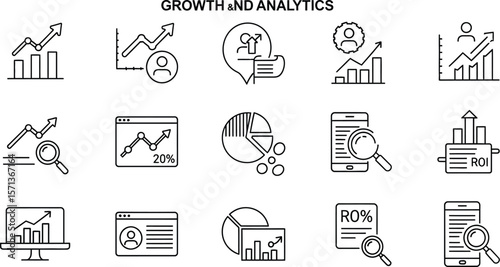 Collection of growth and analytics icons representing business data analysis