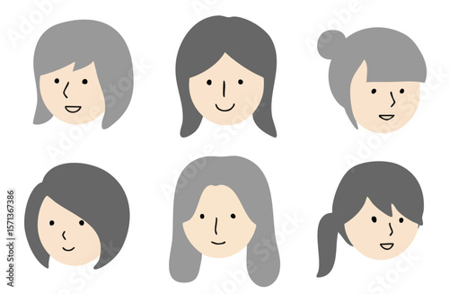 様々な髪型をしている笑顔の女性のシンプルなアバターアイコンセット