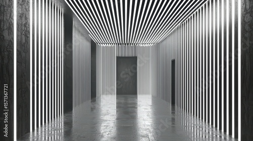 Modern Black White Striped Corridor with Reflective Floor Artistic Interior Design