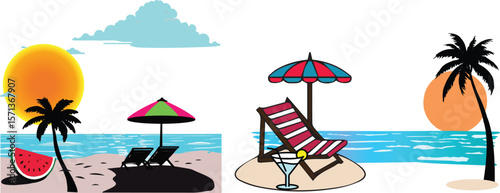 summer vector design sets. beach chairs and umbrellas. summer beach symbols collection bundle