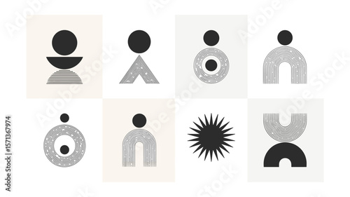 Minimalist Geometric Art Prints: Contemporary Black and White Shapes on Beige Background