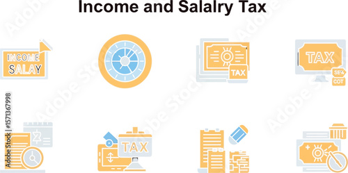 Illustrated icons depicting income tax and salary tax on a dark background