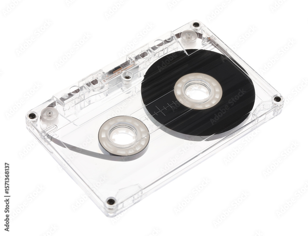 Fototapeta premium One audio cassette with magnetic tape isolated on white