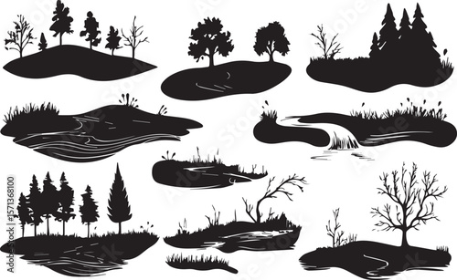 Vector set of sea animal silhouettes with fish and whale illustrations.