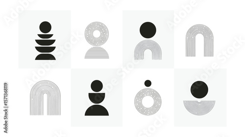 Abstract Minimalist Art with Geometric Shapes and Lines on White Background
