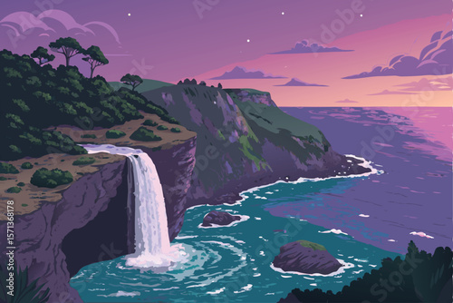 Vector fantasy scene Cliffside pool, waterfall, tropical, lush vegetation, serene waters, sunshine, idyllic landscape.