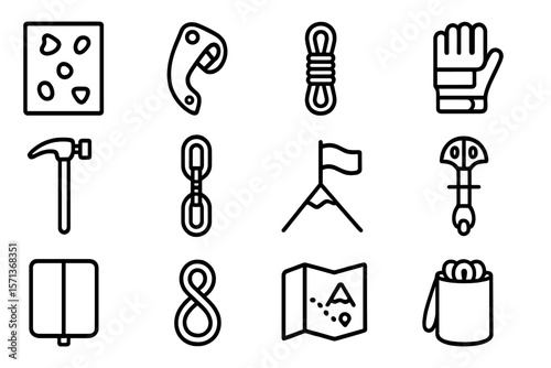 Rock climbing equipment icons vector illustration - line style for adventure and outdoor designs