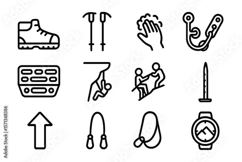 Outdoor adventure icons vector illustration - hiking, climbing, mountaineering gear and equipment in line style