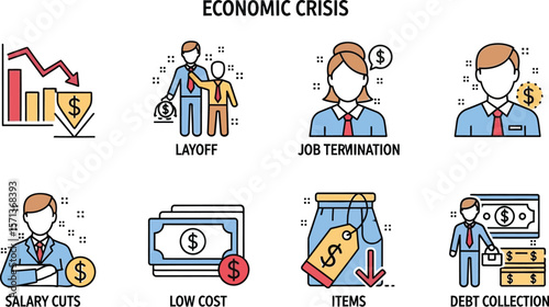 Economic crisis icons showing layoff job termination and salary cuts costs