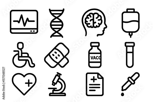 Medical and healthcare icons set vector illustration for posters and design in line style